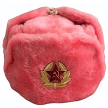 Autentico Ushanka Russo Rosa Cappello W/Soviet Militare Distintivo Emblema - $28.44+