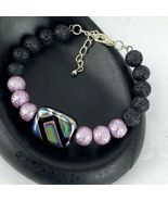 Electroplated Pink Glass Bracelet Silver Tone Metallic Black Lava Boho H... - $458.41 MXN