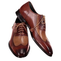 Two Tone Brown Beige Wing Tip Genuine Leather Black Sole Handmade Laceup Shoes - £109.64 GBP