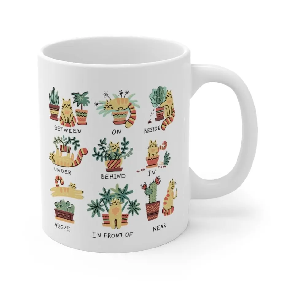 Cats and Plants White Coffee Mug, ceramic, 11 oz, whimsical, garden, kitchen - £16.73 GBP