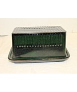 Large Dark Green Glass Butter Dish Embossed Retro Depression Style - $20.00