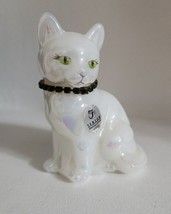 Fenton Glass Cat Figurine Pearl White Opalescent Emerald Rhinestone Coll... - $48.38