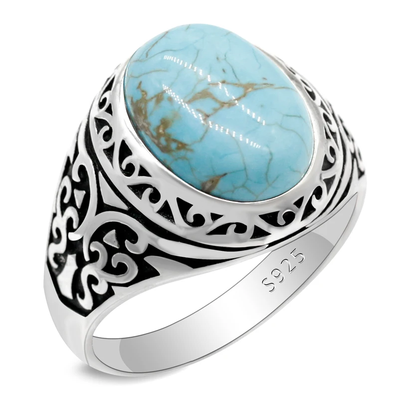 Classic 925 Sterling Silver Natural Turquoise Ring Men and Women Turkish Punk St - £59.04 GBP