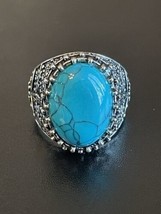Boho Large Turquoise Stone S925 Stamped Silver Plated Men Woman Ring Size 9 - £14.22 GBP