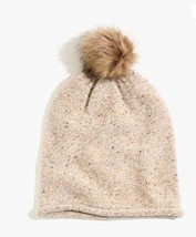 New Madewell Faux Fur Sand Brown Wool Pom Pom Cozy Knit Beanie Hat One Size - £19.45 GBP
