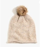 New Madewell Faux Fur Sand Brown Wool Pom Pom Cozy Knit Beanie Hat One Size - £19.48 GBP