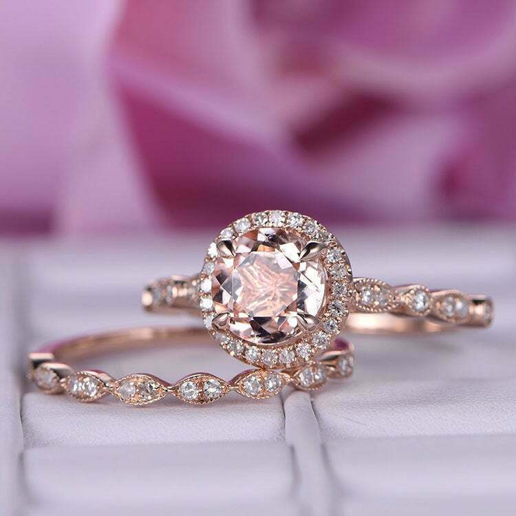 2.60Ct Round Morganite Bridal Set Halo Engagement Ring Solid 14K Rose Gold FiN Item image 5