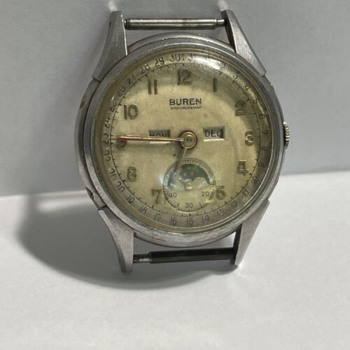 Buren Grand Prix Moonphase Triple Calendar Watch For Restoration 17j 34m... - $899.10