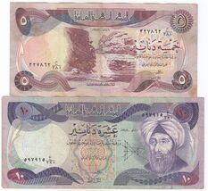 Irak, Ensemble 2 Différentes, 10, 5 Dinars Billets de Banque, Vieux Issu... - $14.22