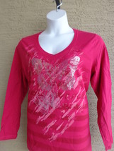 New Hanes Glitzy Graphic Cotton L/S V Neck Tee Shirt S Berry Pink &amp; Butterfly - £8.92 GBP