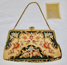 VINT. SMALL PETITE POINT WOOL TAPESTRY NEEDLEWORK HANDBAG - BLACK FLORAL... - $38.61