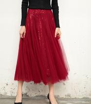 Wine Red Midi Tulle Sequin Skirt Women High Waisted Holiday Tulle Skirt Outfit image 3