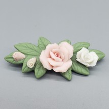 Porcelain Rose Brooch Flower Bar Pin Pink Floral Green Leaf  Ceramic 2.5... - $19.99