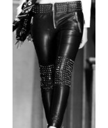 Women Black Silver Studded Genuine Leather Pants Mono ectric, Women Wasi... - £172.33 GBP