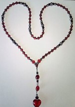 27&quot; Red Black Silver Handmade Beaded Heart Pendant Rosary Beads - £30.25 GBP