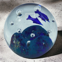 Colorful Ocean Blue Dolphin Clear Round Blown Glass Paper Weight 3&quot; Round - $24.95