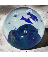 Colorful Ocean Blue Dolphin Clear Round Blown Glass Paper Weight 3&quot; Round - £19.94 GBP