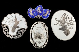 Wunderschönes Sterling Silber Siam Niello Emaille Broschen Set Von 4 - $6,402.41 MXN