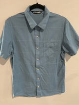 Small TRAVIS MATHEW Button Down Shirt-Blue/White Striped S/S Pocket EUC - £17.01 GBP