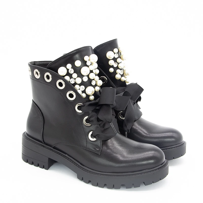 R black heighten women s short ankle boots with pearls female zipper martin booties bow thumb200