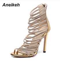 Aneikeh Bling Bling Gold Crystal Sandals Thin Strappy Gladiator Sandal Shoes Sti - £41.14 GBP