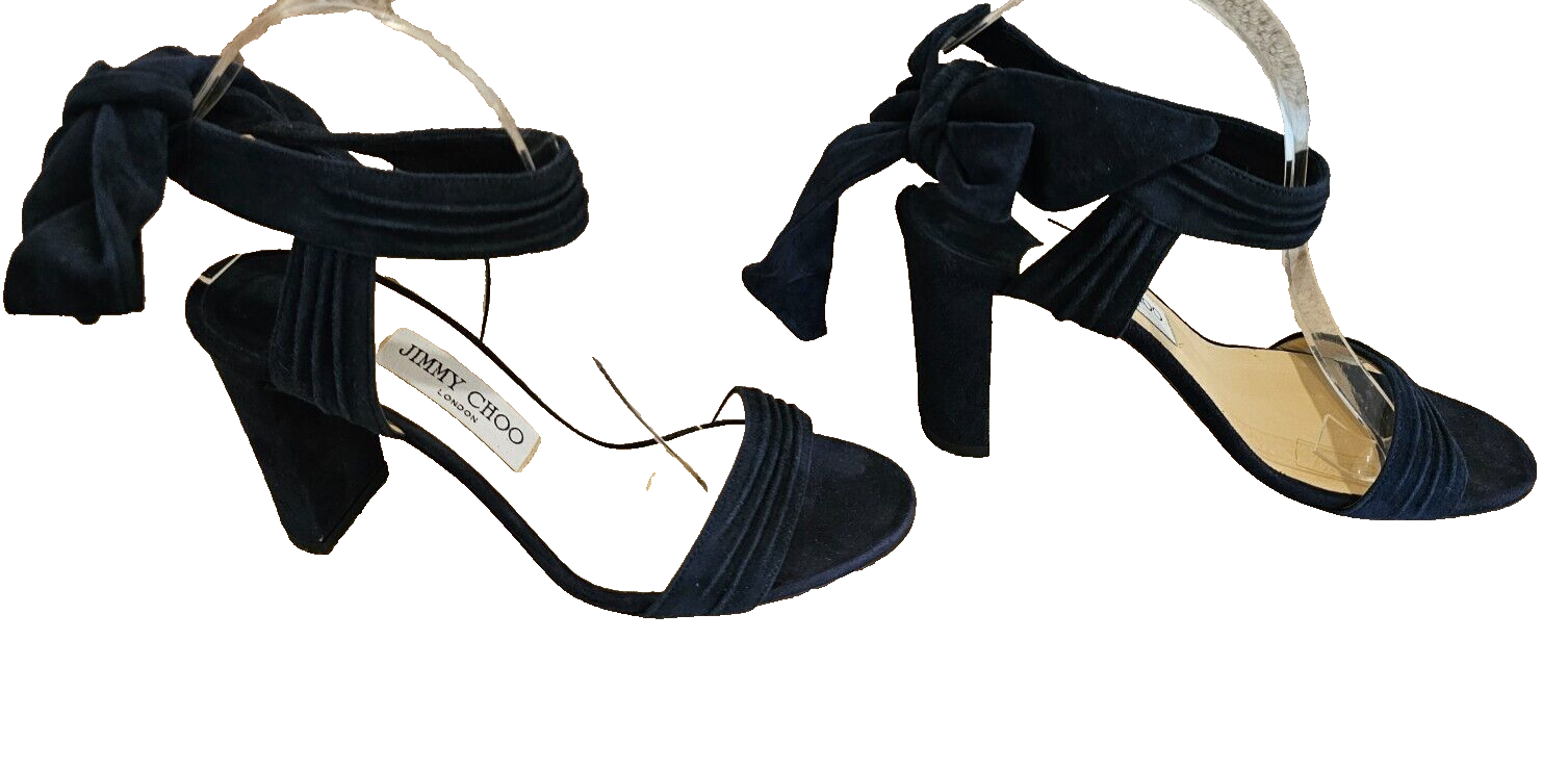 JIMMY CHOO Blue Suede &quot;Kora&quot; Ankle Tie Sandals with Chunky Heel - Size 37.5 - $179.99
