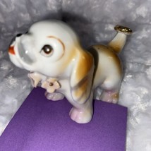 Vintage MCM Spaniel Dog Japan 4&quot;  Porcelain Ceramic Figure Pink Flowers And Ring - £9.16 GBP