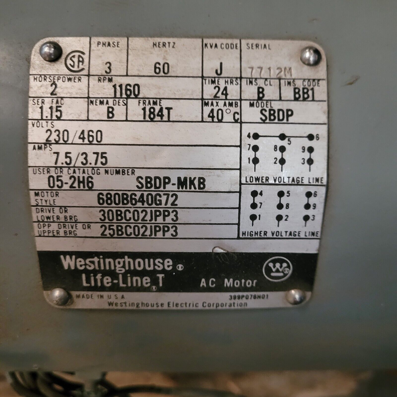 WESTINGHOUSE 2HP 2 HP LIFE-LINE AC MOTOR SBDP  680B640G72 30BC02JPP3 SAL... - $246.51