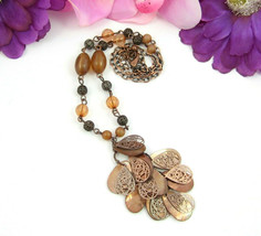  Copper &amp; Seashell TEARDROPS Double Dangle Pendant Necklace Vintage  Beads 20&quot; - £10.15 GBP