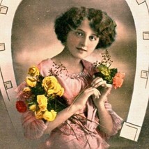 Early 1900s German New Year Greetings Horseshoe Roses Woman Postcard - £5.74 GBP