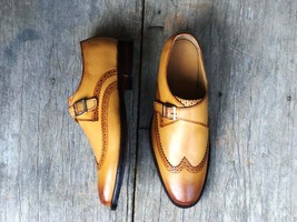 Handmade Men&#39;s Beige Leather Dress Shoes, Men Monk Strap Wing Tip Designer Shoes - £117.72 GBP+