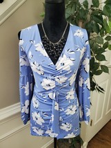 Cato Womens Blue Floral Polyester Ruched Cold Shoulder V Neck Top Blouse Size XL - £20.19 GBP