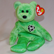 RARE Ty Beanie Baby Kicks The Soccer Bear Retired Plush Toy With Tags Green Soft - £8.84 GBP