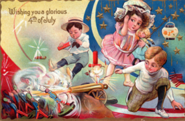 Patriotic 4th Of July Postcard Girl Chinese Lantern Cannon Fireworks Fir... - $18.28