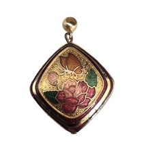 Cloisonne Gold &amp; Red Flower &amp; Butterfly Dual Sided Vintage Necklace 1&quot; P... - $30.68