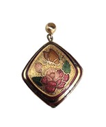 Cloisonne Gold &amp; Red Flower &amp; Butterfly Dual Sided Vintage Necklace 1&quot; P... - £24.14 GBP