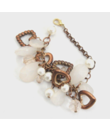 Copper Charm Bracelet with Hearts Faux Pearls White Teardrop Beads NICE - £7.18 GBP