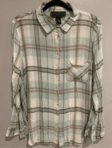Plaid Flannel Button Down Shirt-Wht/Blue L/S Rayon EUC 3XL Womens Polly&amp;... - $8.79