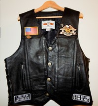 BG Black Men&#39;s Motorcycle Biker Vest Harley Owners Club Patches Pins Lace Sides - £55.81 GBP