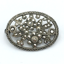 CUTOUT FLOWER sterling silver marcasite brooch - vintage daisy ornate oval pin - £23.21 GBP