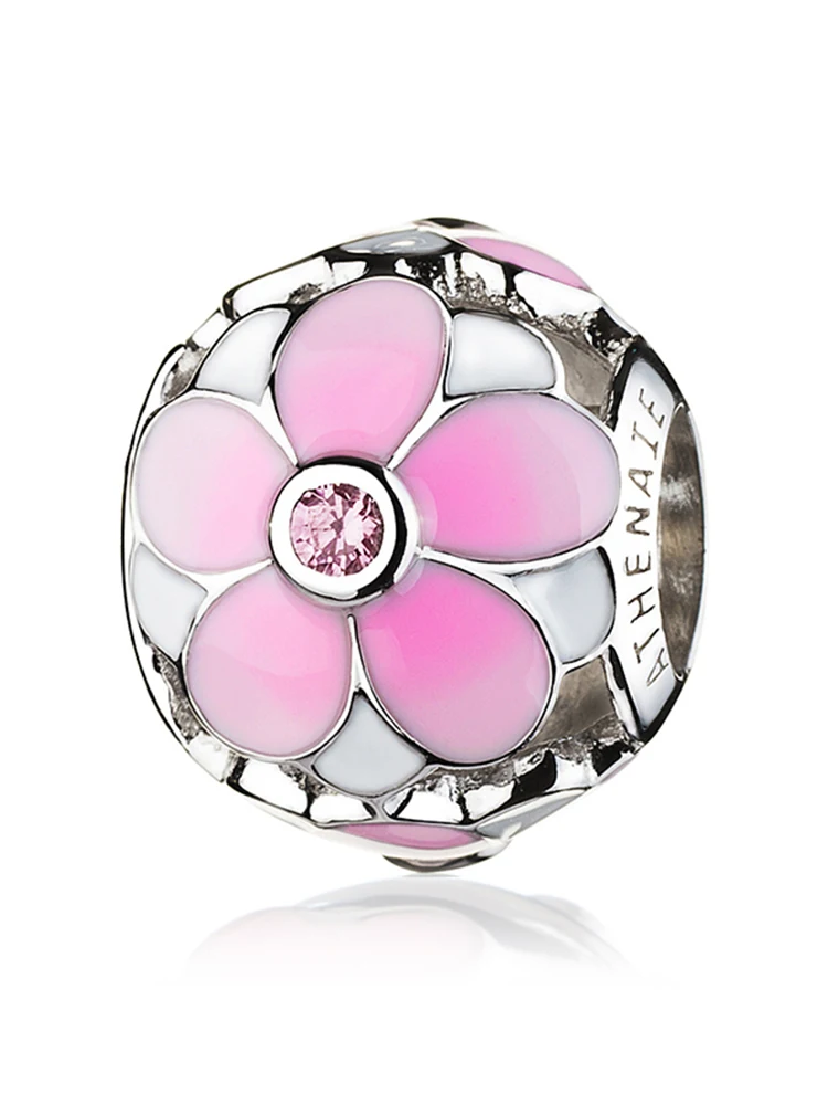 925 Sterling Silver Magnolia Bloom Pale Cerise Enamel Pink CZ Bead Charms for Eu - £53.72 GBP
