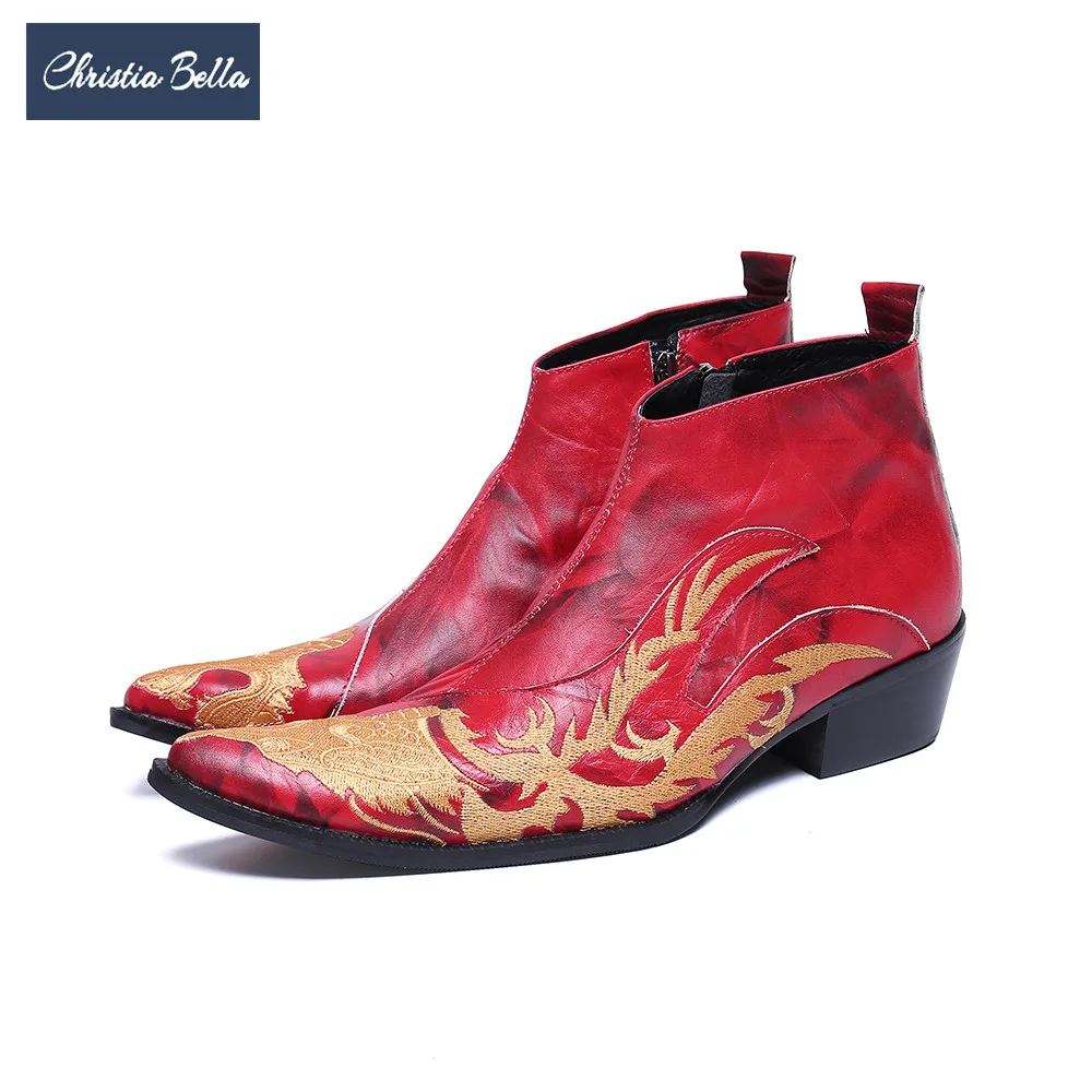 Christia Bella Fashion  Embroidery Men Party Dress Boots Red Increase Height Poi - £215.97 GBP