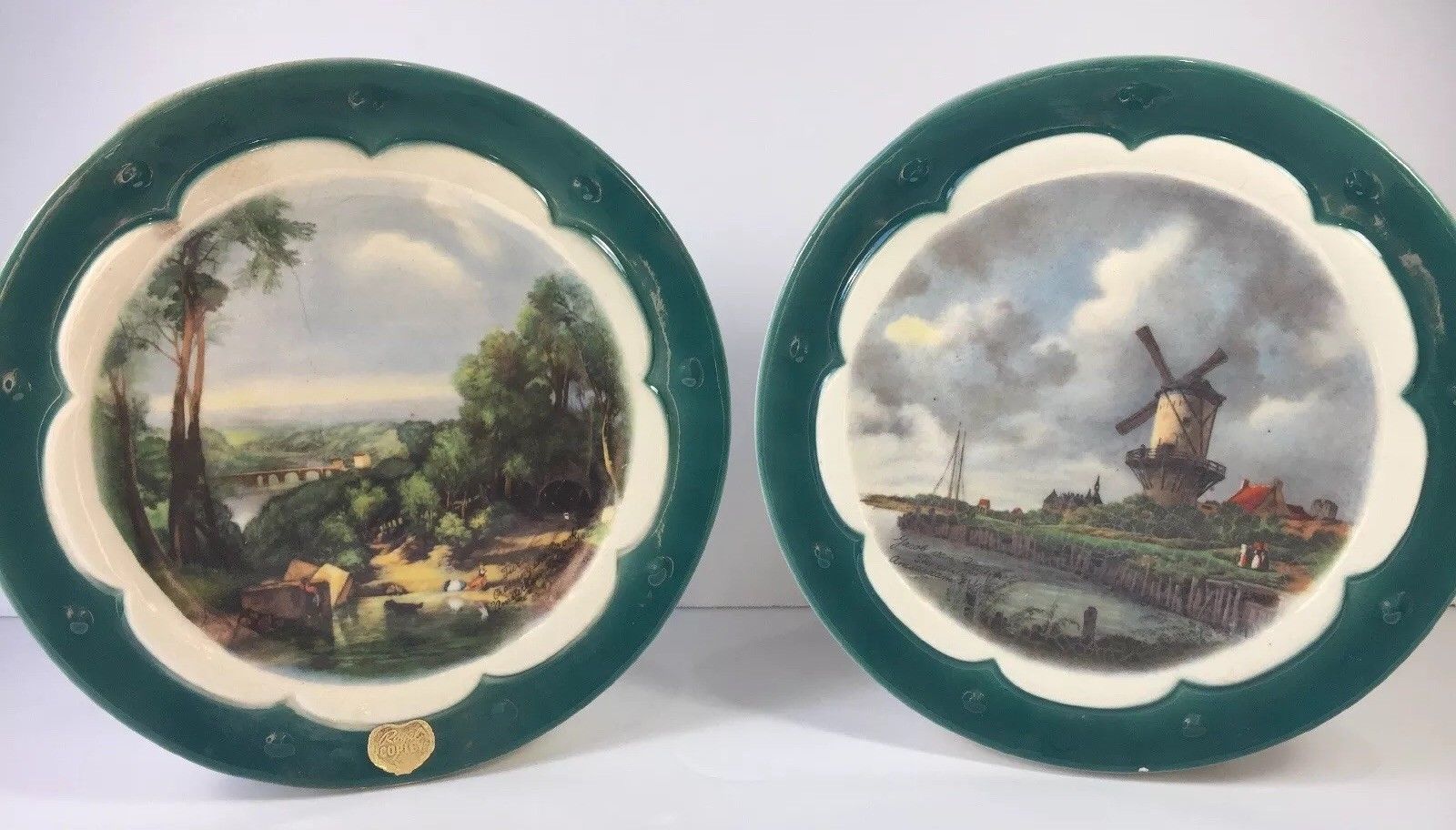 2 Royal Copley Wall Pocket Vase Stand Mill Windmill & Crossing the Brook Holland - $31.18