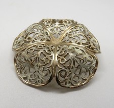 Vintage Flower Brooch 2&quot; White Washed Filigree Gold Tone Metal Domed Petals - $24.75