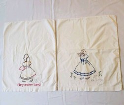 Vintage Embroidered Small Pillow Cases Mary Quite Contrary Mary Had Little Lamb - $14.03