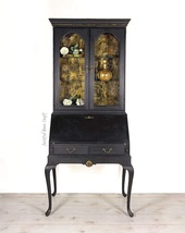 Vintage Painted Secretary Slant Desk Bookcase Black Gold Queen Anne Style - £1,398.87 GBP