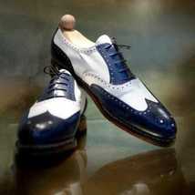 Handmade Men&#39;s Blue &amp; White Brogue Leather Wingtip Lace Up Oxford Dress Shoes - £100.51 GBP