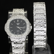 Men&#39;s Watch Bracelet Set Nugget Techno Pave Hip Hop CZ Silver Plated Met... - £36.75 GBP
