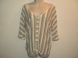 BEBE Top Oversized Size XS Ivory &amp; Gold Metallic Scooped Neckline Short Sleeves - £9.64 GBP