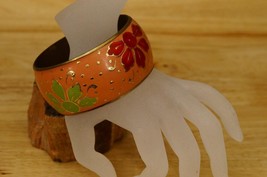 Vintage Hippie Boho Jewelry Brass Chunky Hand Painted Floral Bangle Brac... - $368.88 MXN